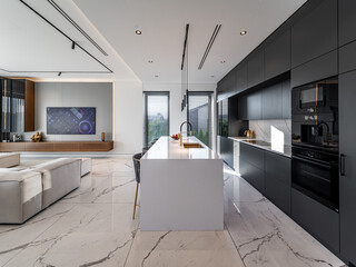 Interior of a private house, studio with kitchen.