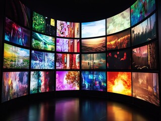 a large curved video wall displays multiple images