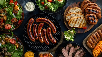 Grilled sausages, salads, and meats on dark table, overhead view, BBQ feast