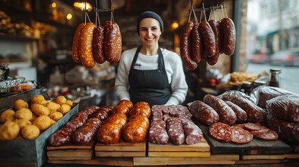 An Industrious Workwoman Hanging Freshly Made Sausages on Wooden Racks, Showcasing Traditional Food Craftsmanship in Her Workspace