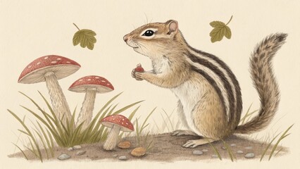 Hand-drawn chipmunk enjoying mushrooms in a forest setting