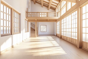 Obraz premium Sunlit empty modern home interior with wooden floors, high ceilings, large windows, and a mezzanine.