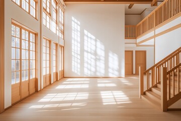 Obraz premium Sunlit spacious empty room with wooden floors, stairs, and large windows.