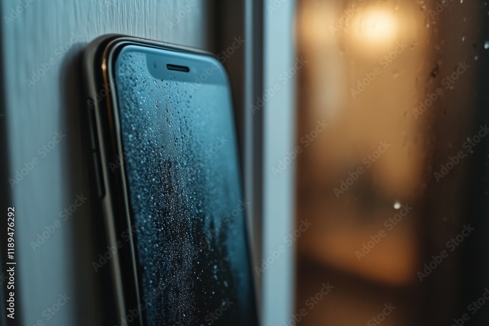 Poster Close up view of microbes on common surfaces such as door handles and smartphones exposed to everyday environments. Generative AI