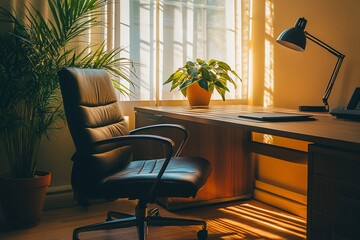 Sunlit home office with leather chair, desk, plants, and lamp.