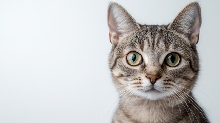 Obraz premium Cute pet with American shorthair cat isolated on white background, background of goods for cats, veterinary services