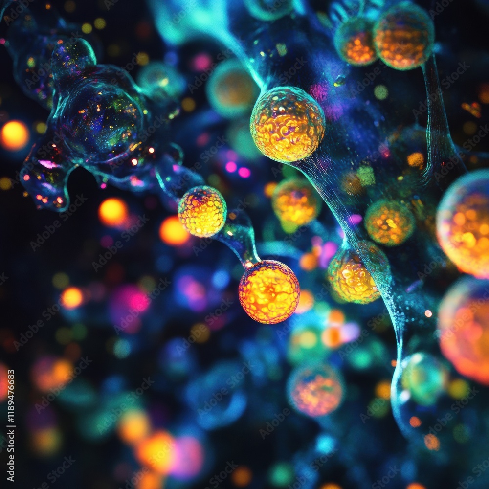 Poster Interaction of viruses with cells under microscopic observation revealing vibrant, colorful details of biological processes. Generative AI