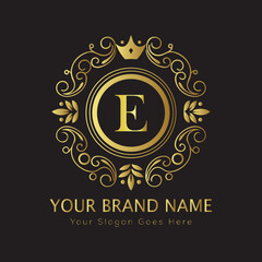 Letter Luxury brand logo design with a royal gold crown emblem and elegant typography
