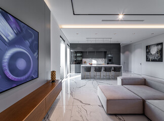Interior of a private house, studio with kitchen.