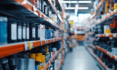 Well-stocked shelves in an auto parts store aisle.