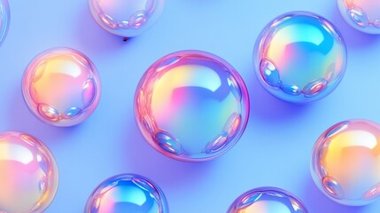 Iridescent spheres on pastel blue background.
