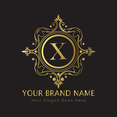 Letter Luxury brand logo design with a royal gold crown emblem and elegant typography
