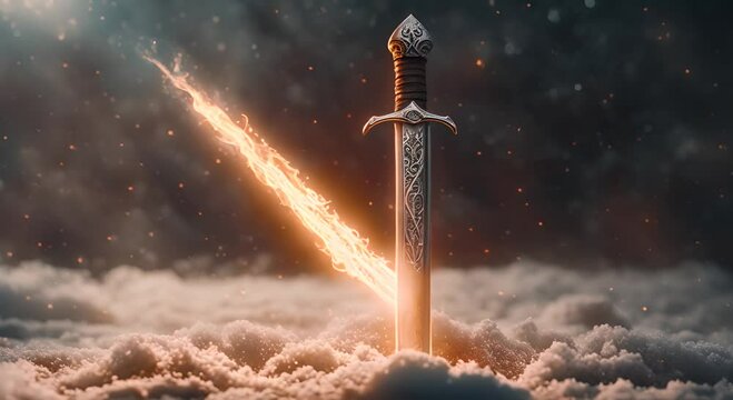 Magical metal sword in the ground with sparks mysterious and magical photo of silver sword with fire flames over Gothic snowy black background Medieval period concept Strong glowing sword fantasy 4K