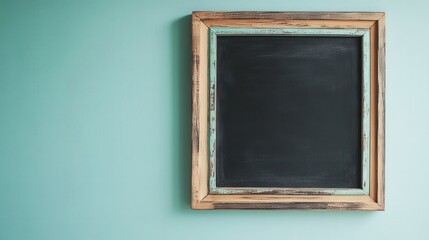 Fototapeta premium a blank chalkboard with a wooden frame on a teal wall