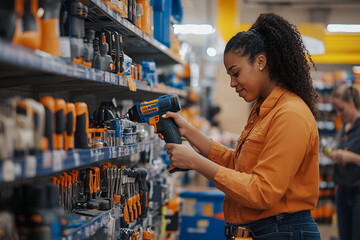 Woman examining a power drill in a hardware store aisle filled with tools