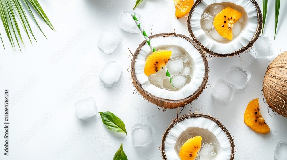 Poster refreshing coconut drinks with kiwi slices and ice in coconut shells, garnished with palm leaves and