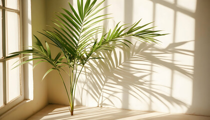Serene indoor palm plant casting shadows on a sunlit wall near a window. Perfect for home decor, wellness, and minimalist design.