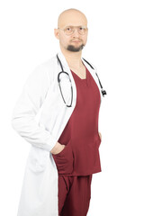 Serious male doctor in red scrubs and white lab coat with stethoscope