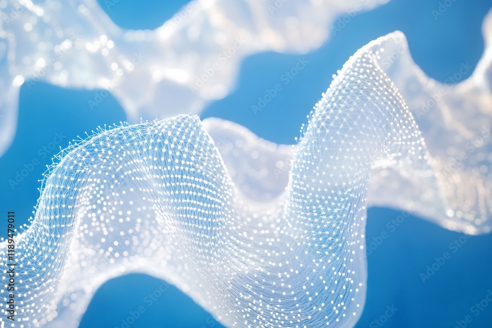 Poster abstract flowing white wave-like structure with small dots on a blue background.