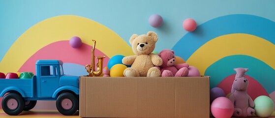 Colorful toys in a cardboard box with a blue toy truck.