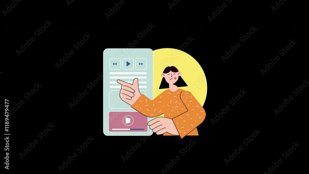 Poster a young woman of european descent points at a digital interface, illustrating user interaction with 
