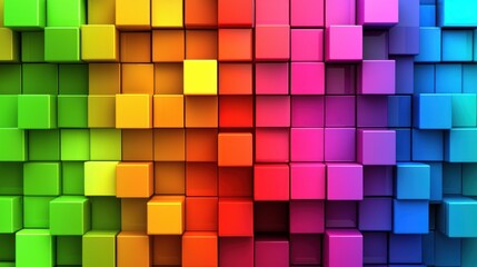 Colorful 3D cubes arranged in a vibrant gradient pattern.