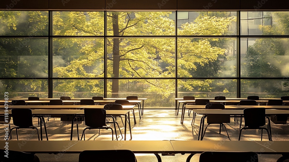 Aufkleber empty classroom with large window overlooking sunlit tree.