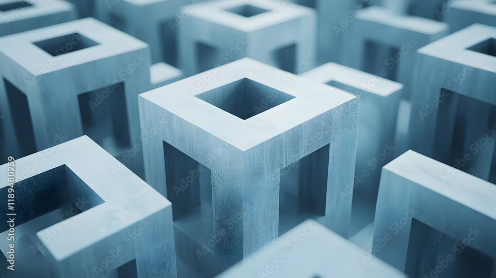Poster abstract 3d rendering of interconnected blue cubes; a complex network of geometric shapes creating a