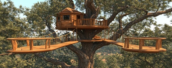Treehouse Retreat Wooden Structure Nestled Amongst Forest Canopy for Leisure and Adventure