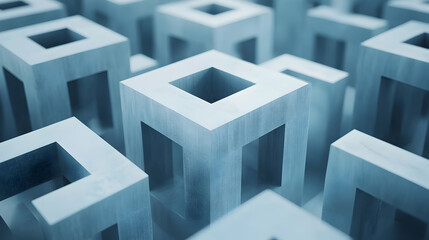 Fototapeta premium Abstract 3D rendering of interconnected blue cubes; a complex network of geometric shapes creating a futuristic or architectural design.