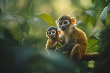 Obraz premium Adorable squirrel monkey mother holding her baby in lush green rainforest foliage.