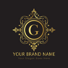 Letter Luxury brand logo design with a royal gold crown emblem and elegant typography
