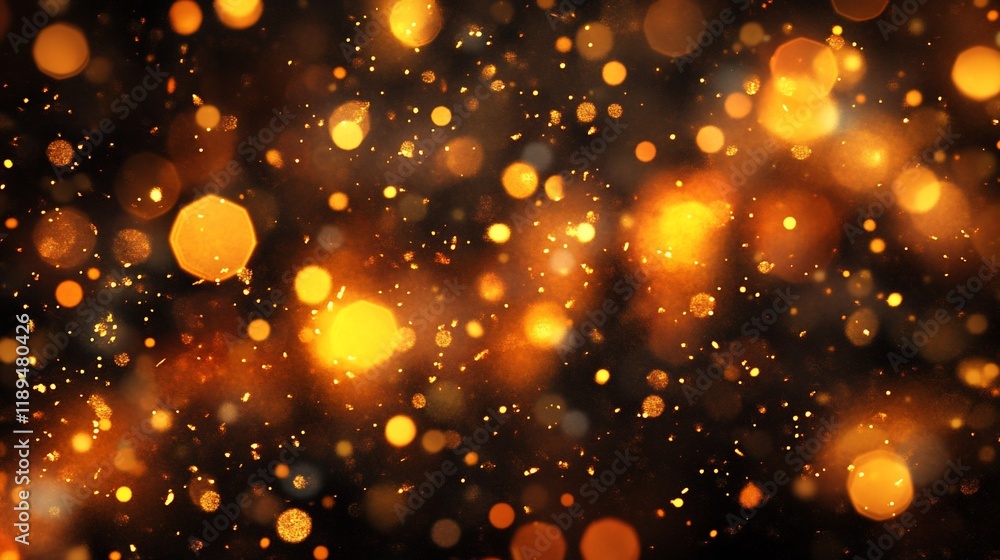 Poster abstract golden bokeh lights and sparkles on dark background.