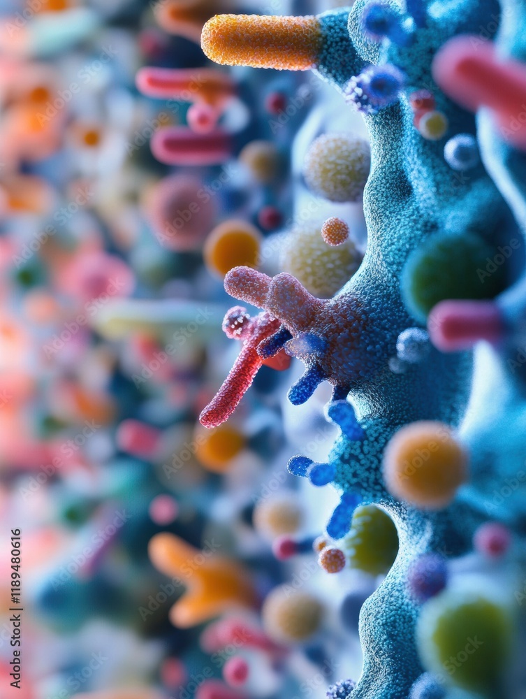 Poster close up view of microbes on commonly touched surfaces including door handles and smartphones. gener