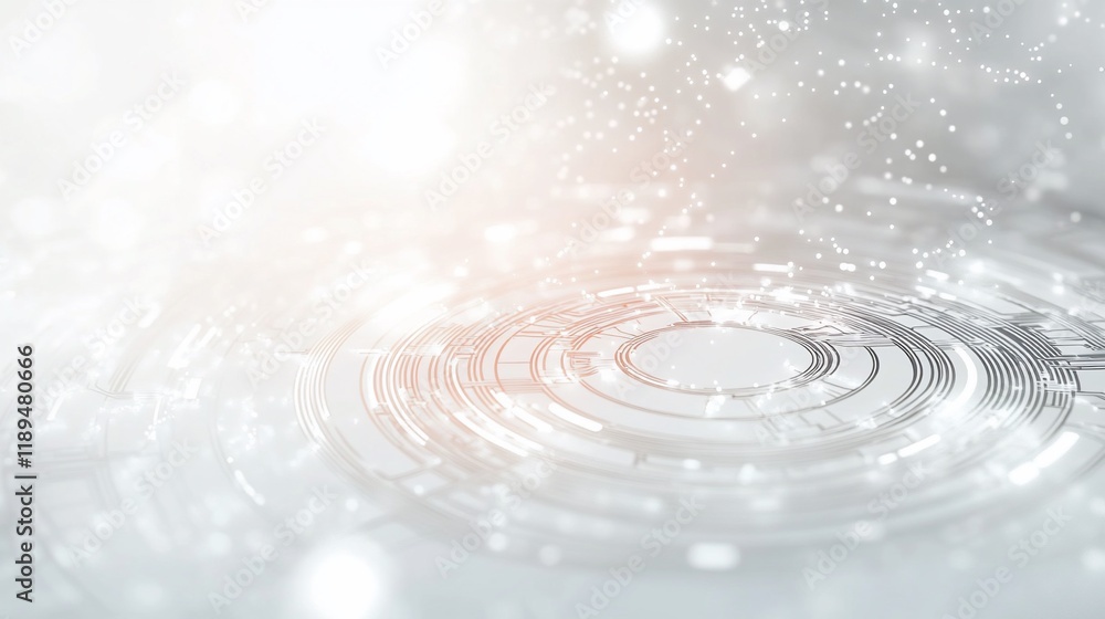 Poster abstract technological background with glowing circles and particles.