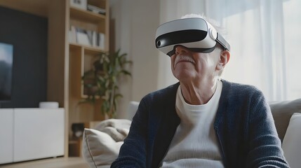Elderly man experiencing virtual reality technology while sitting in a modern living room during the daytime