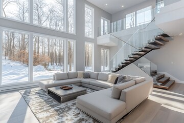 Modern living room with large windows, showcasing a sectional sofa, floating staircase, and winter landscape view.