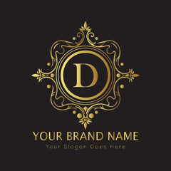 Letter Luxury brand logo design with a royal gold crown emblem and elegant typography
