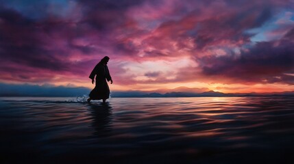 Jesus Walking on Water at Sunset: A Divine Silhouette