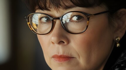 Focused woman with glasses deep in thought during a quiet moment at home