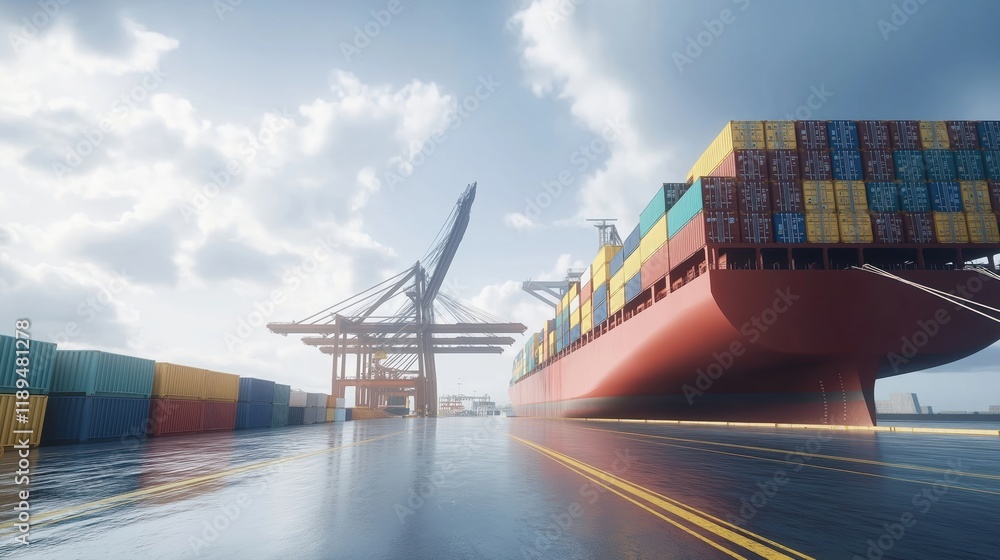 Poster large container ship docked at busy port for unloading cargo. port cranes positioned to facilitate p