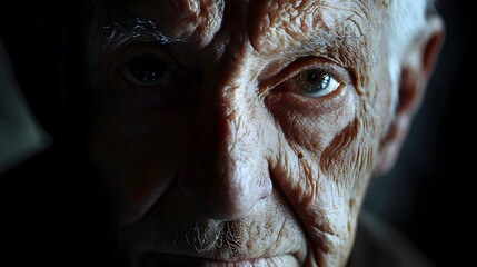 Close-up of an elderly man's face highlighting deep wrinkles and expressive features in natural lighting