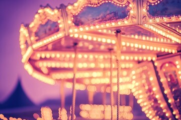 Illuminated carousel at twilight, blurred background.