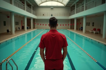 An indoor swimming instructor in a lesson, warm-up, or training session wearing a red uniform. Male coach, lifeguard at the aquatic center