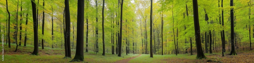 Poster a forest with trees and a path. the trees are green and the path is brown