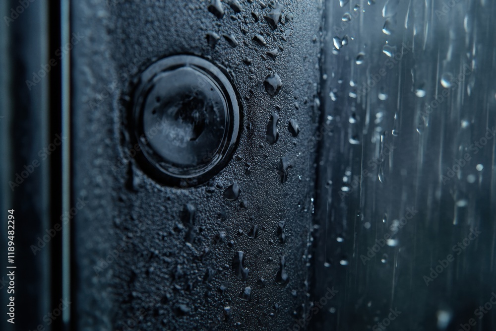 Poster close up view of microbes on everyday surfaces such as door handles and smartphones during rainy wea