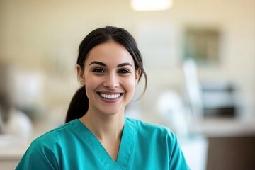 Fototapeta premium professional portrait of healthcare worker wearing scrubs and smiling in well-lit clinic