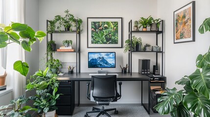 Modern home office with plants, desk, computer, and shelves.