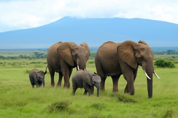 Fototapeta premium A family of elephants walking through a grassy field. The elephants are of different sizes, with the largest one being the mother. The scene is peaceful and serene