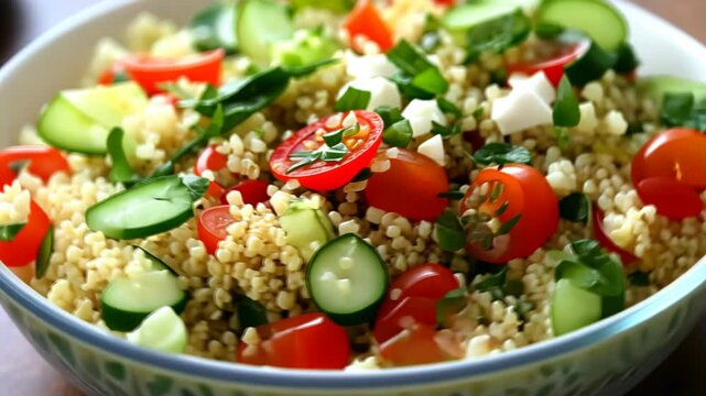 Fresh bulgur salad with tomatoes and cucumbers garnished with herbs in a bowl